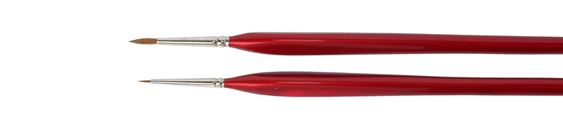 Miniature and detail brushes made of red sable hair and triangular wooden handles.