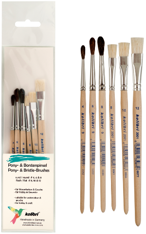 brush kit of pony hair brushes and bristle brushes suitable for school and hobby.