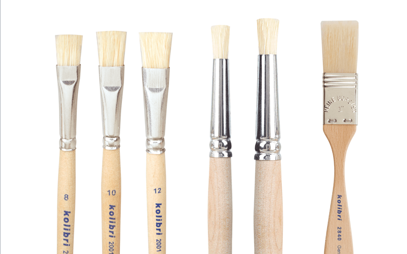 hog bristle brushes in different shapes, like flat brushes, round stencil brushes and wide bristle brushes